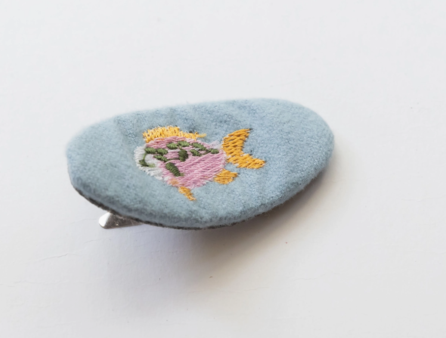 Oval Embroidered Floral and Fish Snap Hair Clips