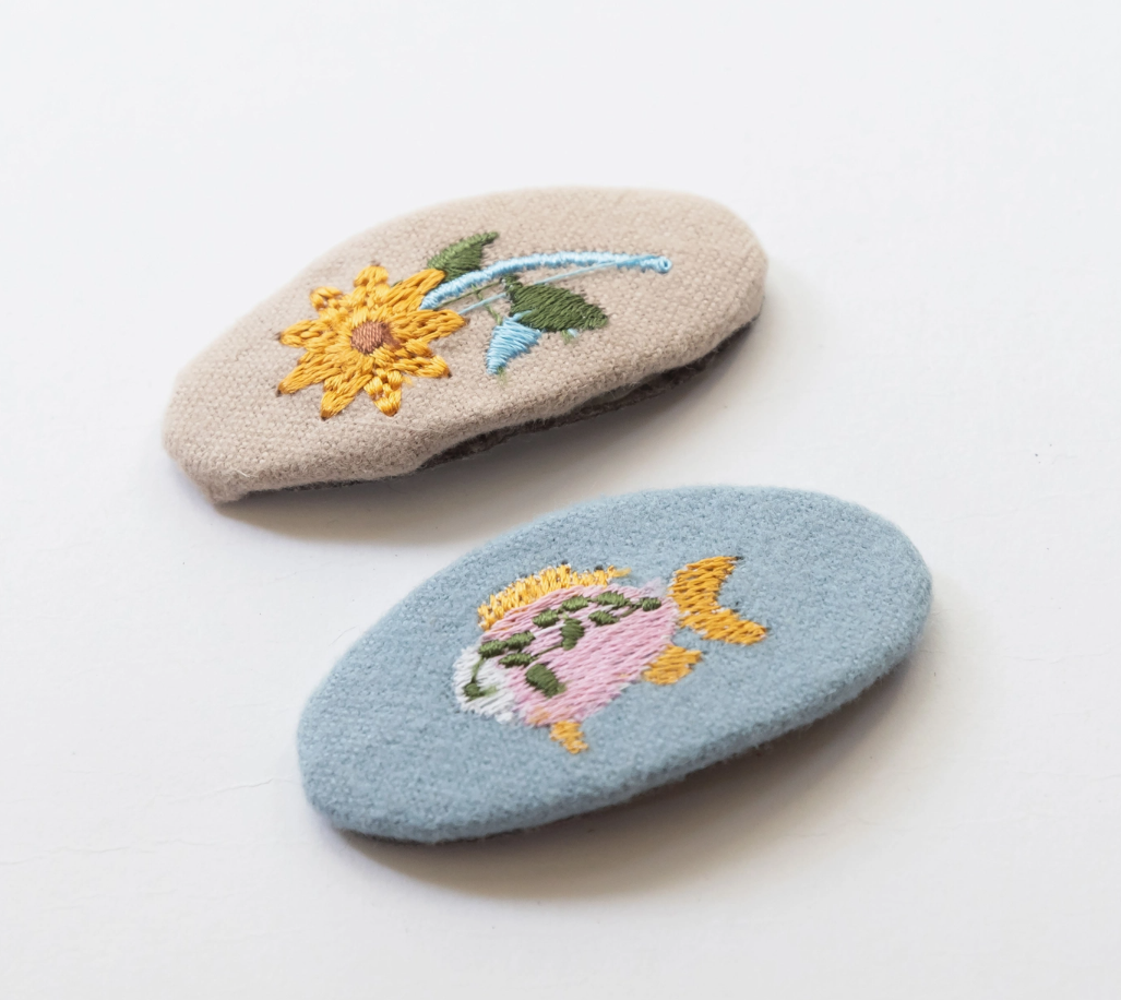 Oval Embroidered Floral and Fish Snap Hair Clips