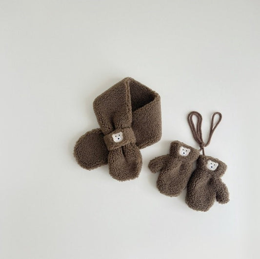 Embroidered Bear Scarf & Mittens Set