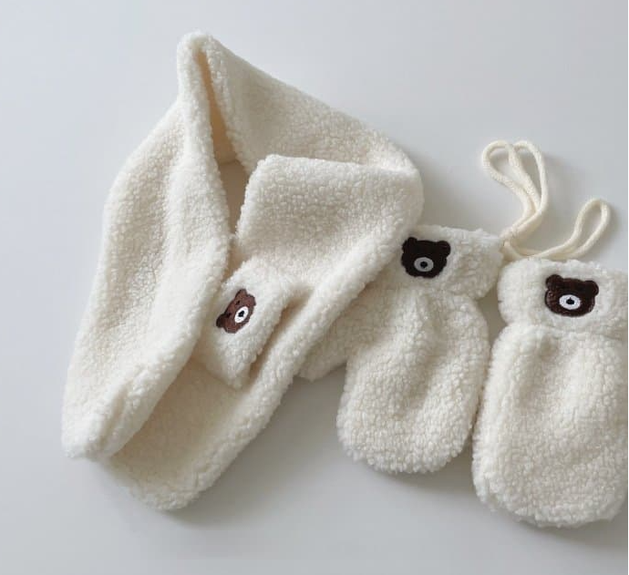 Embroidered Bear Scarf & Mittens Set